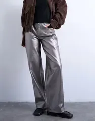 トップショップ レディース ボトムス カジュアルパンツ パンツ トール レザー フェイクレザー Topshop faux leather metallic cinch pants silver シルバ