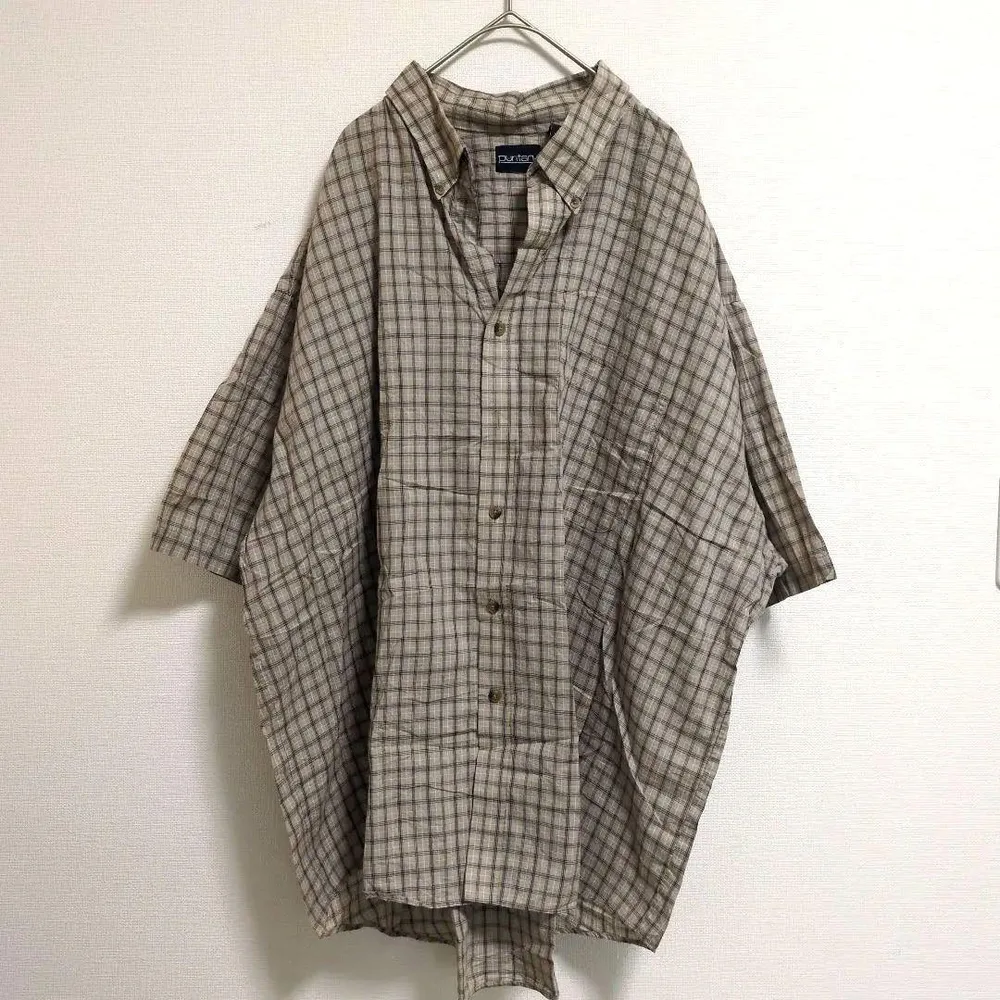 ピューリタン シャツ ボタンダウン 半袖 チェック ビッグサイズ 茶 綿 2XL