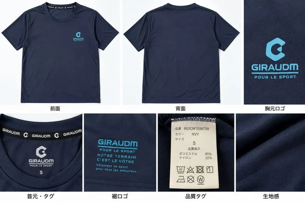 GIRAUDM ジローム 半袖スポーツTシャツ ネイビー Sサイズ 速乾系