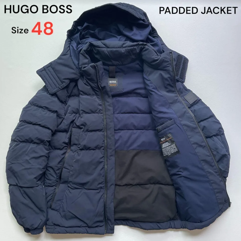 HUGO BOSS ネイビー パデッドジャケット 48 フード取外可 2WAY