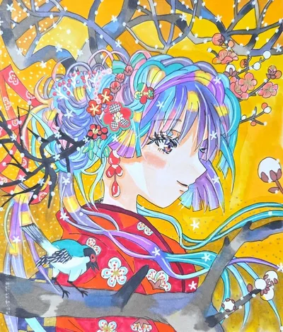 手描き オリジナルイラスト 中色紙 女の子 アナログイラスト 着物 鳥 花