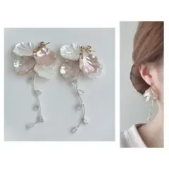 花びら ピンク ストーン 大ぶりピアス イヤリング ハンドメイド きれいめ