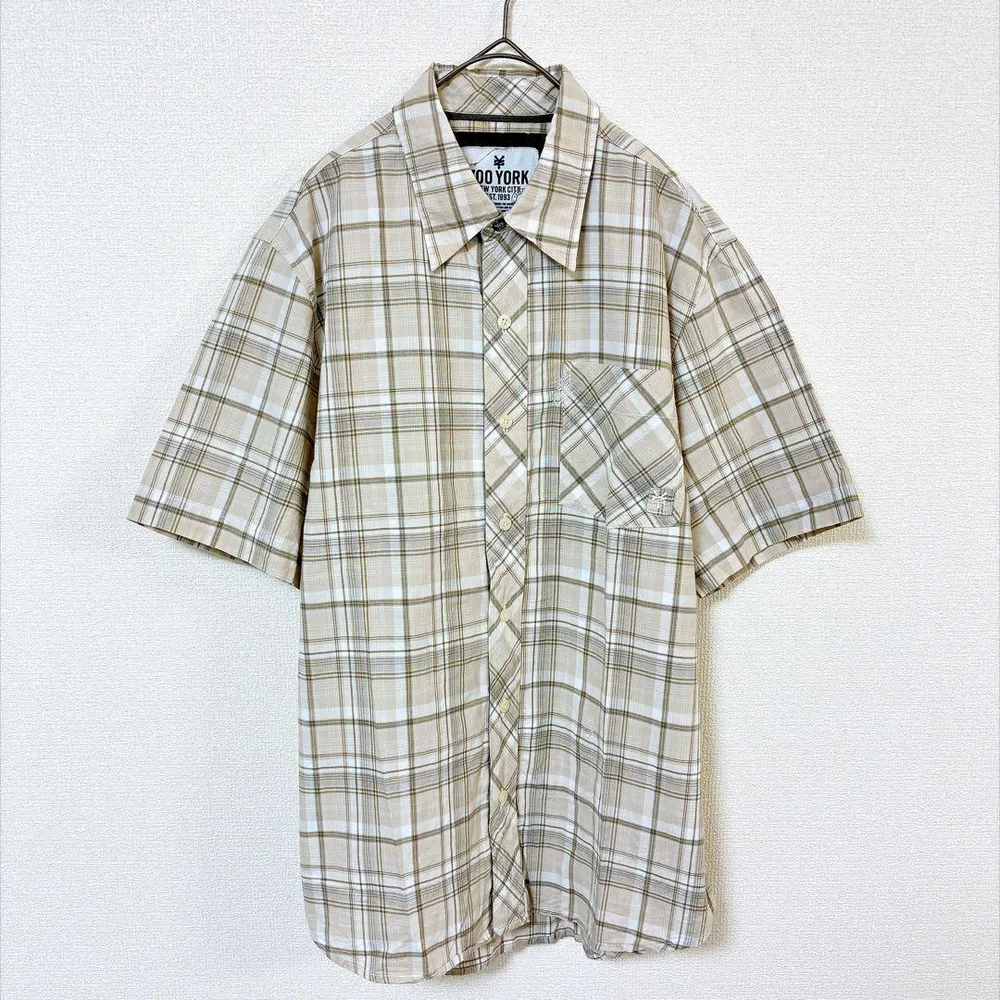 ズーヨーク 半袖シャツ メンズM ボーダー Y2K ドクロプリント 刺繍ロゴ 綿