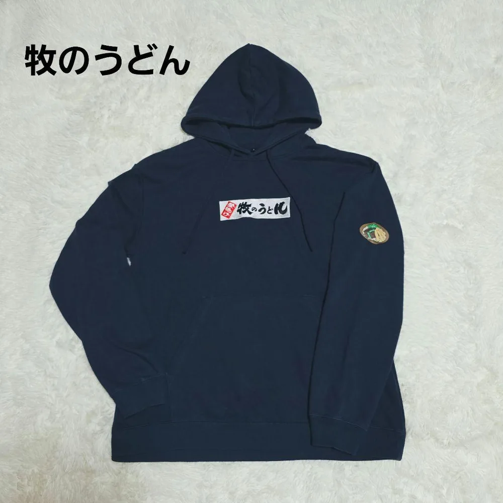 【大人気・レア】牧のうどん パーカー ネイビー S 伝票 やかん バックプリント