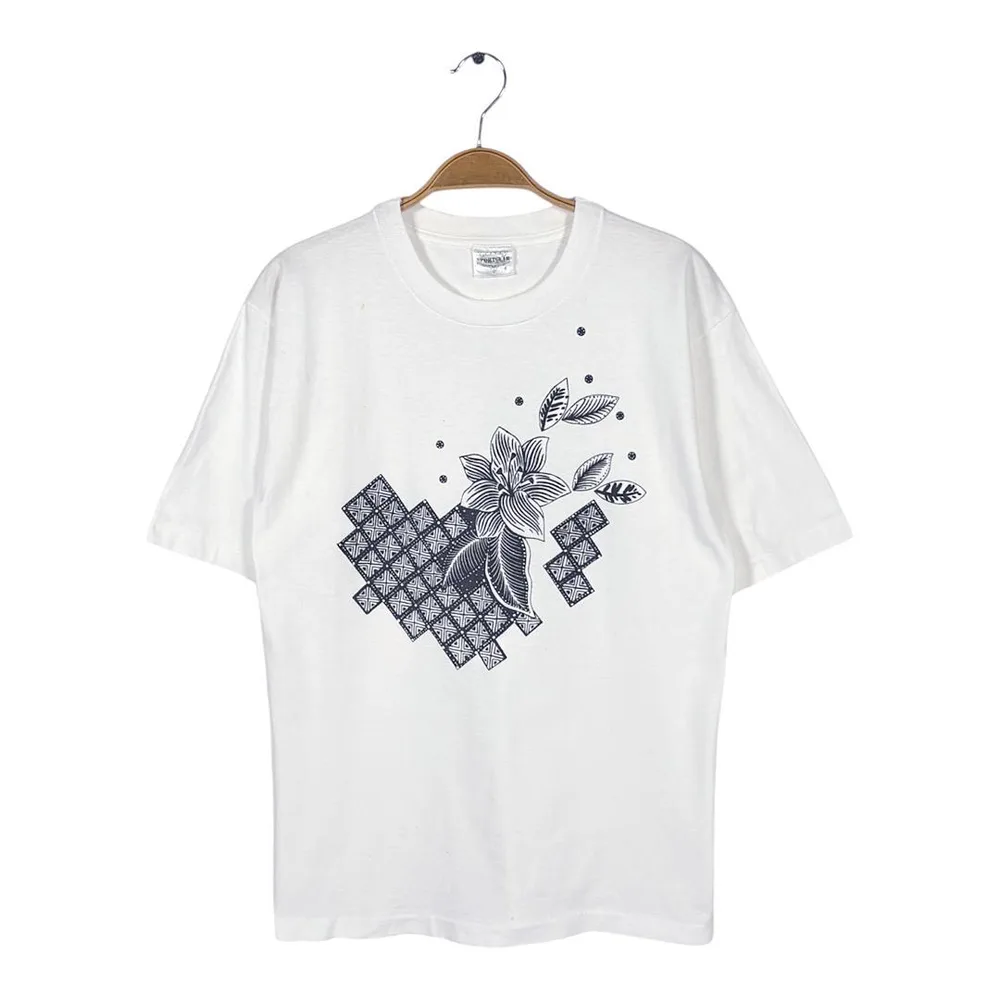 90s フラワー 花 モノクロ アートT USA製 ヴィンテージ Tシャツ S