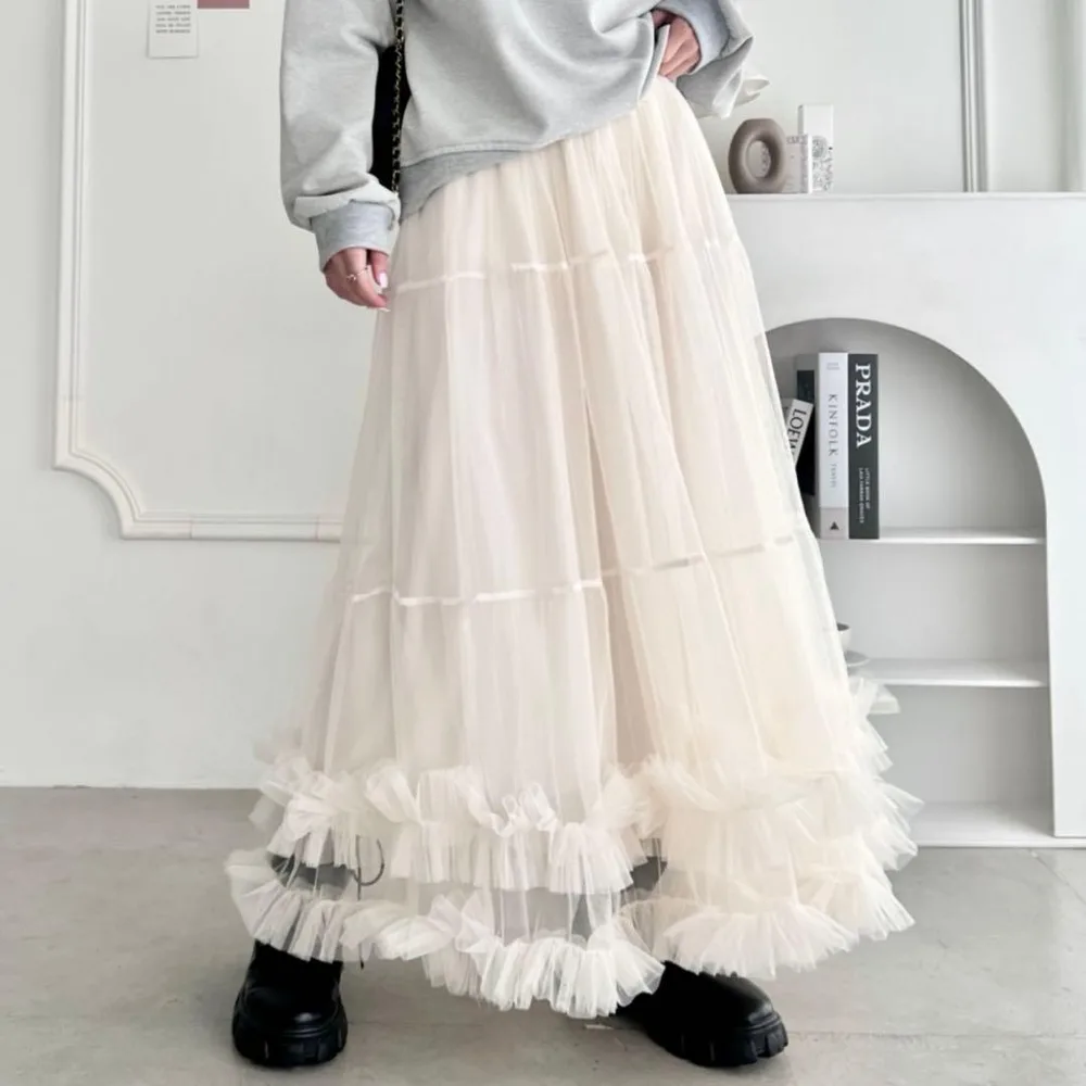 チュール フリル ロングスカート アイボリー