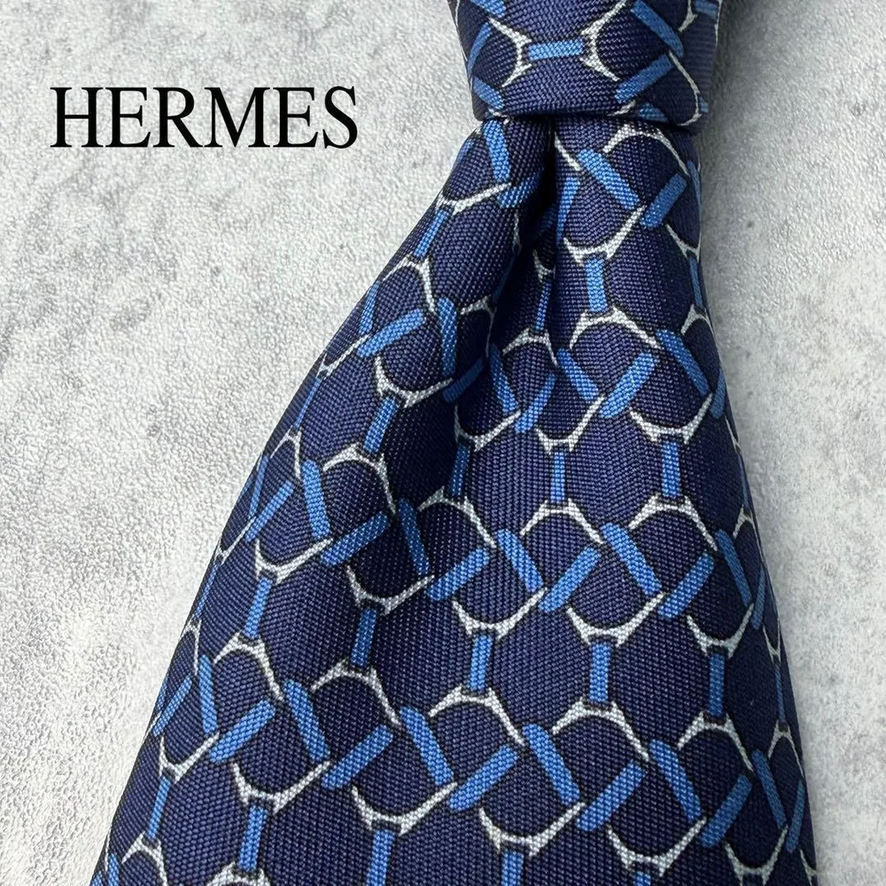 美品 HERMES エルメス 格子柄 総柄 ネクタイ ネイビー 紺