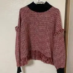 ツイード調 フリンジ ツイードトップス レッド系