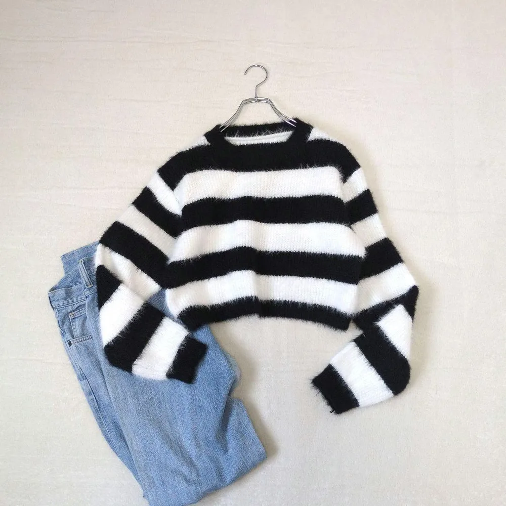 【GRL/グレイル】ボーダー柄シャギーショート丈ニットトップス『M』黒×白