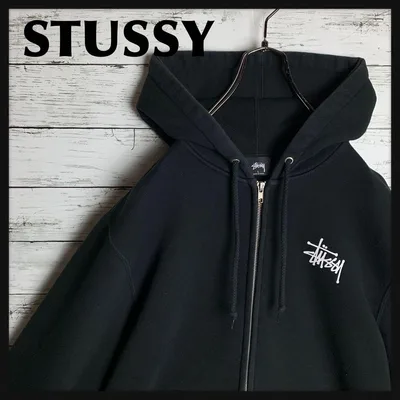 STUSSY◎黒白 ストックロゴ フルジップ パーカー D736