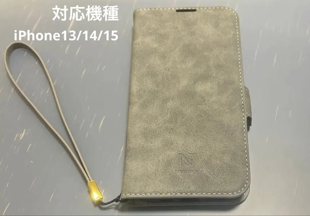 Natural design iPhone用 手帳型ケース グレー ストラップ付