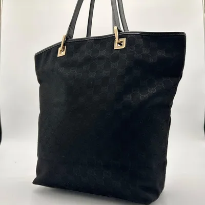 美品 グッチ レザー キャンバス トートバッグ ロゴ型押し 肩掛け ブラック