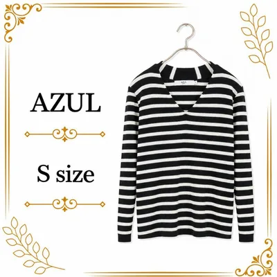 【美品】AZUL ニット セーター 長袖 ボーダー Vネック モノトーン S