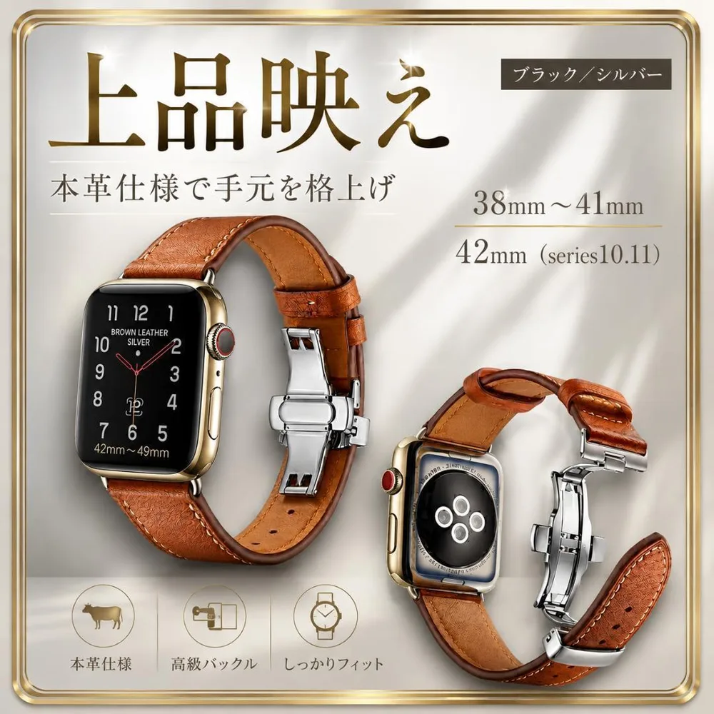 Applewatch 38~41 本革ベルト 茶 高級感 バックル ビジネス