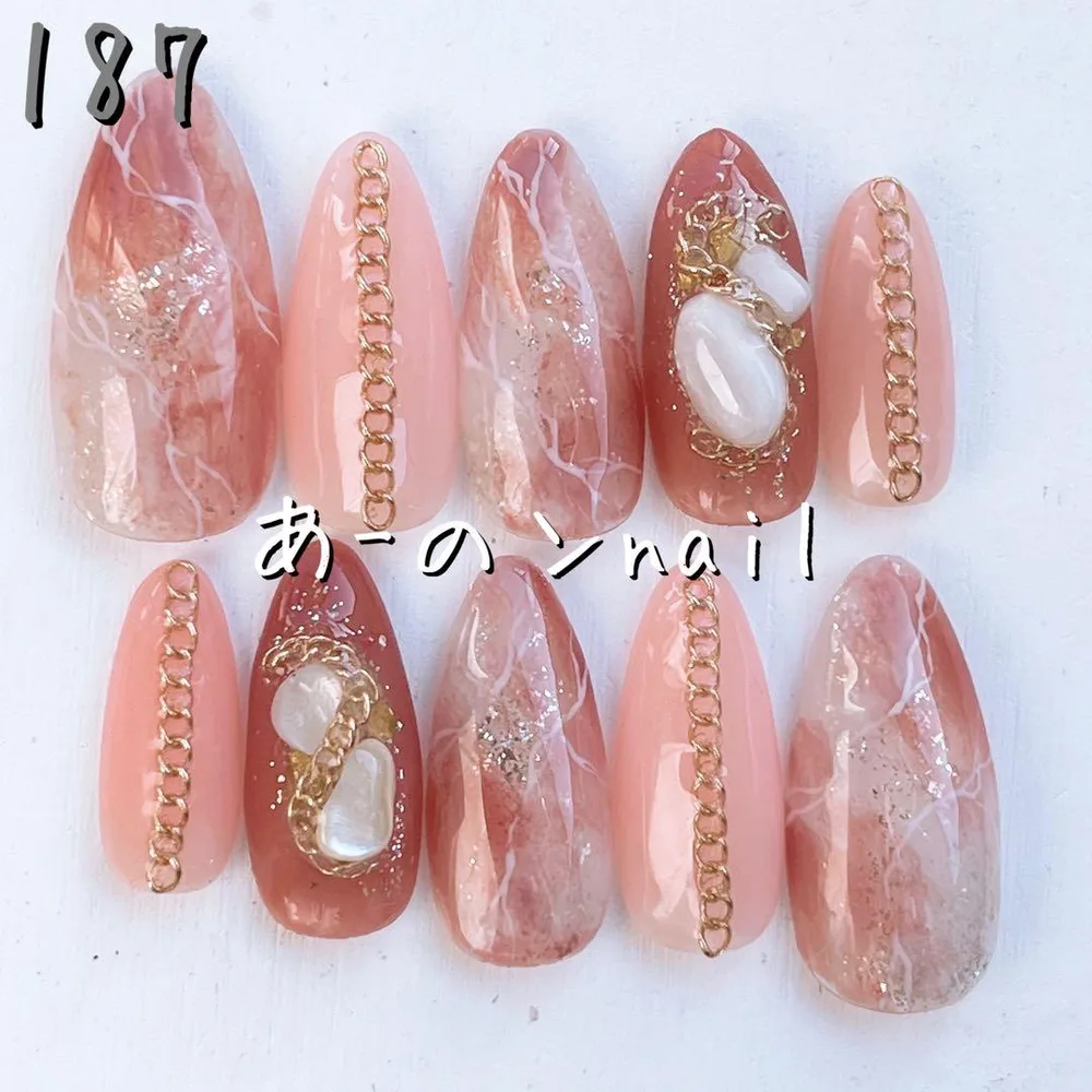 187番☆ネイルチップ ニュアンス ブラウン キラキラ 天然石 大理石 もやもや