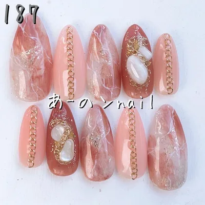 187番☆ネイルチップ ニュアンス ブラウン キラキラ 天然石 大理石 もやもや