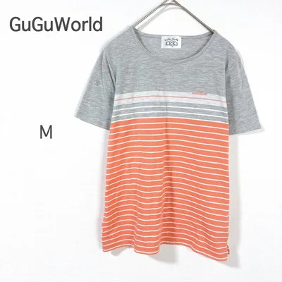 【グーグーワールド】Tシャツ グレー 半袖 ボーダー カジュアル 刺繍 M 夏