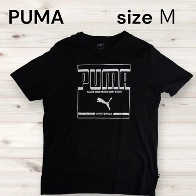 プーマ Tシャツ M ブラック 黒 ビッグロゴ キャットプリント 半袖古着