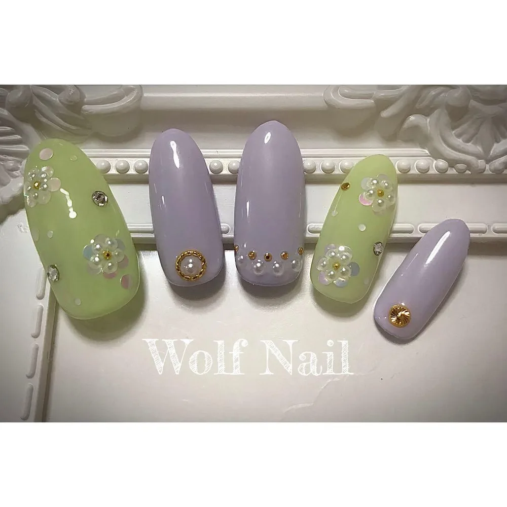 ⑩ネイルチップ ホロフラワー 上品 パール ラベンダー パープル ミントグリーン