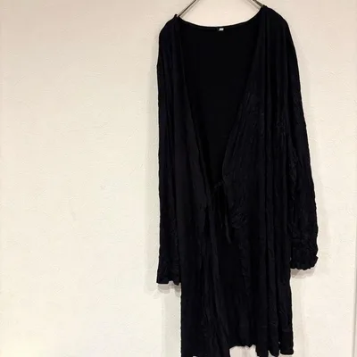 ロングカーディガン ノーカラー 長袖【L】黒 海外古着 デイリー カジュアル