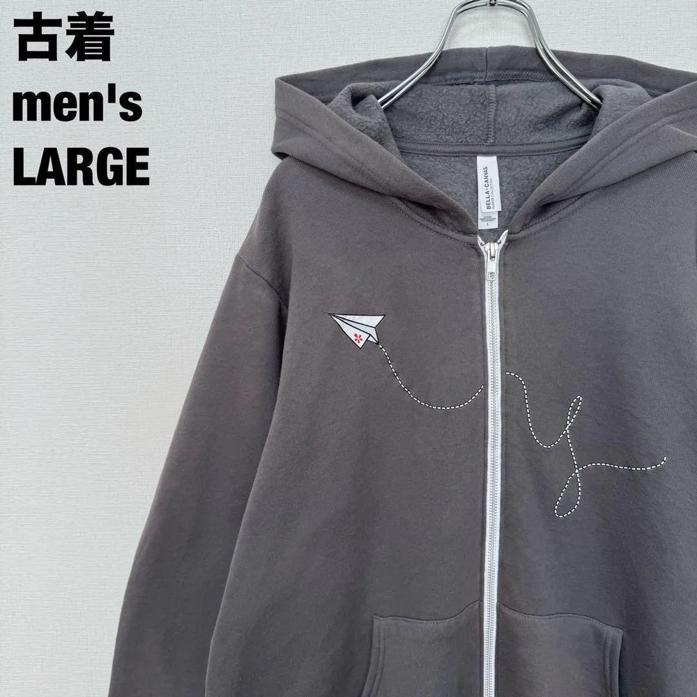 古着 BELLA+CANVAS パーカー ジップアップ 紙ヒコーキ グレー L