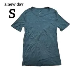 a new day 【S】 無地 リブ 半袖Tシャツ 深緑 クルーネック