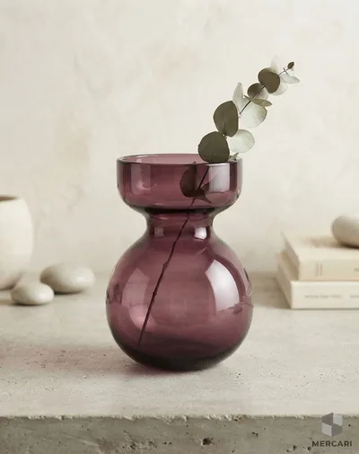 【美品】パープル ガラス フラワーベース 花瓶 / 北欧インテリア