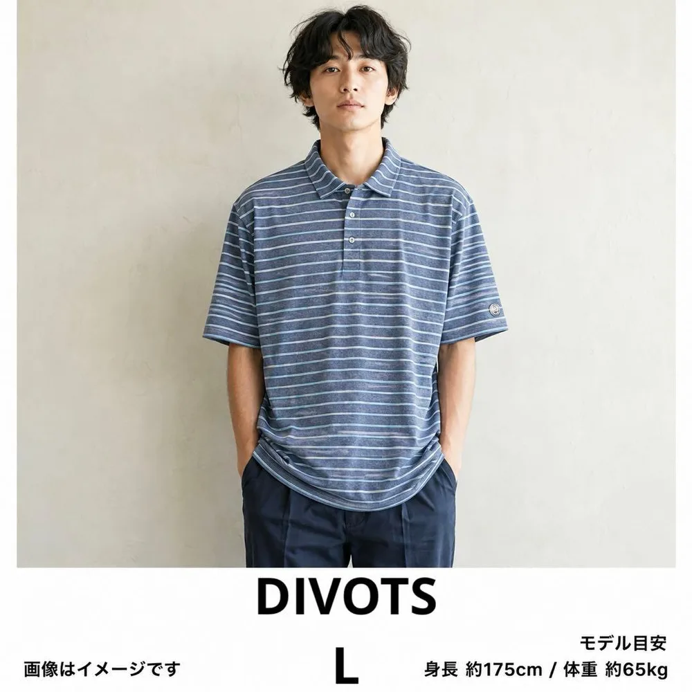 DIVOTS ゴルフ ポロシャツ ボーダー 刺繍 ロゴ ドライ 半袖 メンズ L
