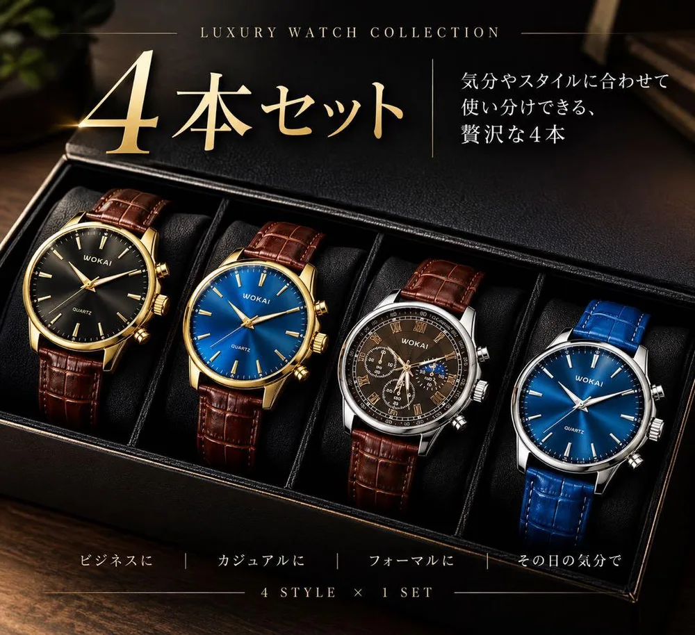 【新品】WOKAI メンズ 腕時計 クォーツ レザーベルト4本セット【稼動品】