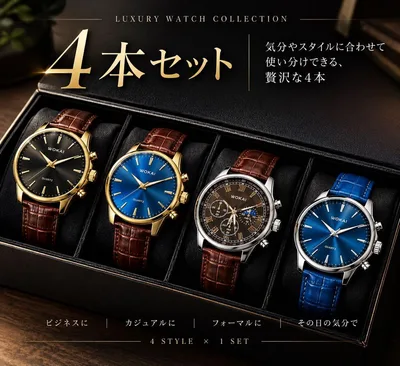 【新品】WOKAI メンズ 腕時計 クォーツ レザーベルト4本セット【稼動品】
