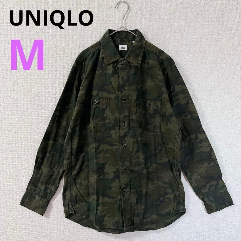【ユニクロ】UNIQLO カモフラ柄 長袖シャツ ミリタリー調 グリーン M