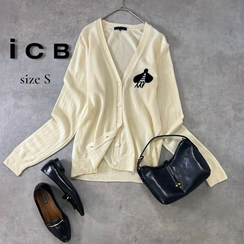 ICB カシミヤ混 ハンドモチーフ Vネックカーディガン 白 S