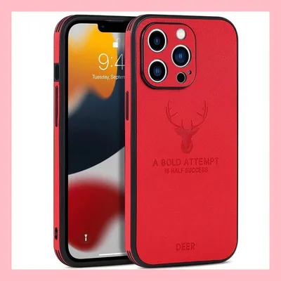 iPhoneXSMax ケース レッド 鹿 PUレザー ワイヤレス充電 ギフト
