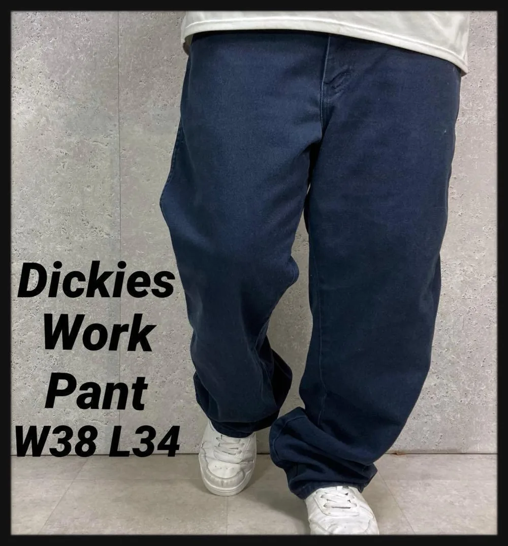 ディッキーズ ワークパンツ 刺繍入り ネイビー 古着 W38 L34