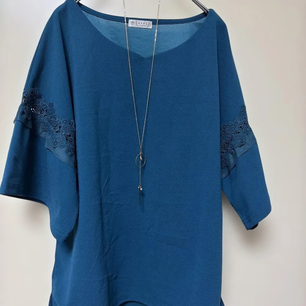 新品タグ付 axes femme レース切替フレア袖 M グリーン ネックレス付