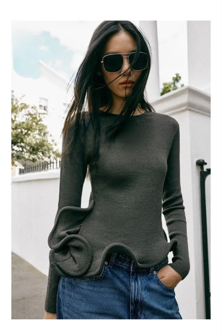 ZARA フリル ニットセーター S グリーニッシュ
