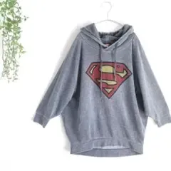 เสื้อสเวตเตอร์มีฮู้ดลายซูเปอร์แมน แขนโดลแมนเงาขนาดใหญ่ มีซับในปัดเงา