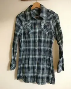 千趣会 シワ加工 チェック シャツ ブルー Mサイズ