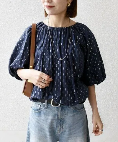 極美品✨ ネイビー❤️ 洗える ラメ ドビー ギャザー パフ スリーブ ブラウス
