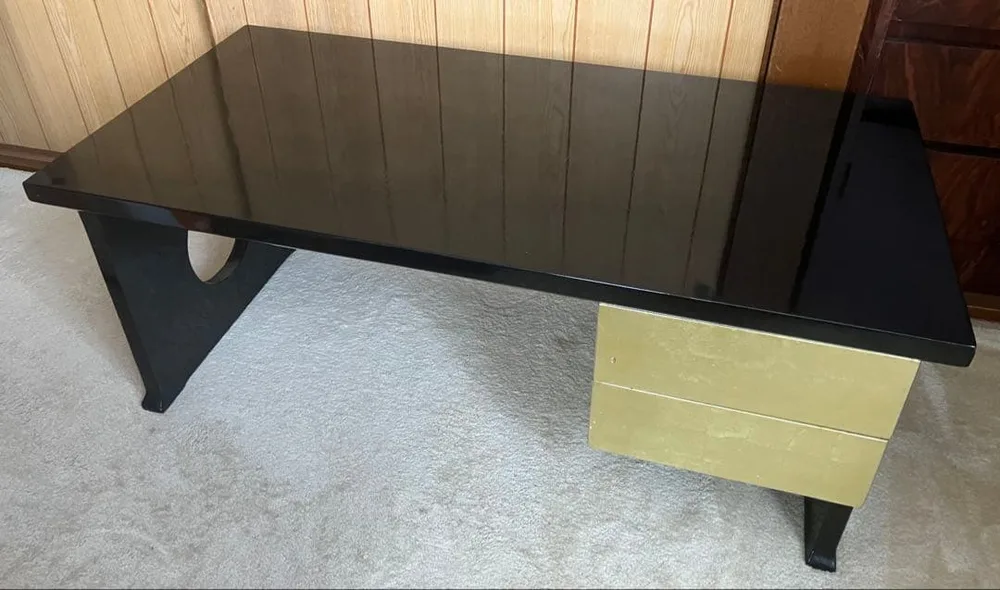★文机★黒漆調★金箔調★ 幅90×奥45×高35cm★引き出し付★
