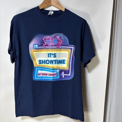 GILDAN ギルダン Tシャツ L ネイビー 図書館 シアター ネオン レトロ