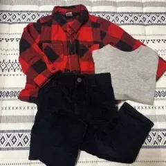 baby GAP チェック長袖グレーシャツベロア素材ズボン18-24ヶ月セット冬