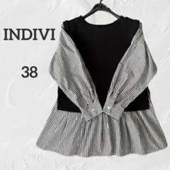 【INDIVI】ベストレイヤード風コンビカットソー ドッキング ストライプ M