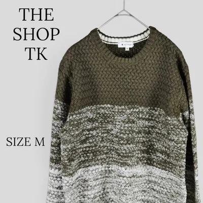 THE SHOP TK ニット セーター カーキ×ホワイト M