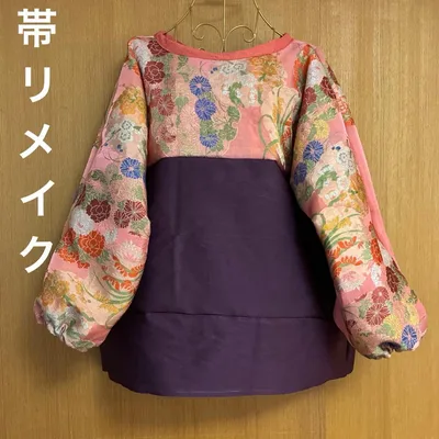 帯リメイク♡レトロ感♡ピンクパープルとお花トップス♡可愛い♡L-LL着丈59.5