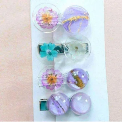 ハンドメイドヘアクリップ4点セット 紫 パープル 花柄 レジン 大人可愛い 上品