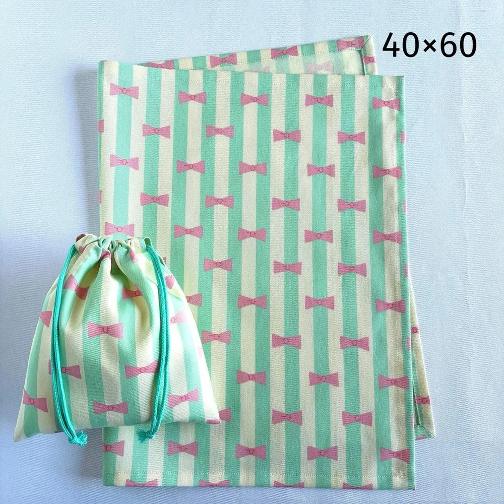 ランチョンマット40×60給食袋巾着袋 ハンドメイド NO.32リボンストライプ