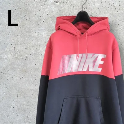 古着 NIKE ナイキ ビッグロゴ スウェットパーカー レッド ブラック L