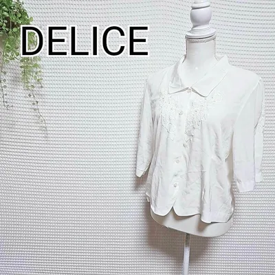 DELICE ホワイト 刺繍 五分袖シャツ
