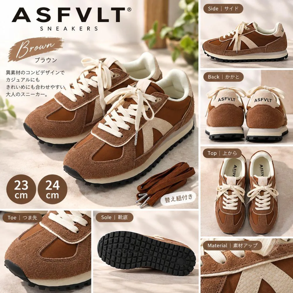 【新品】ASFVLT アスファルト コンビスニーカー 茶 23cm